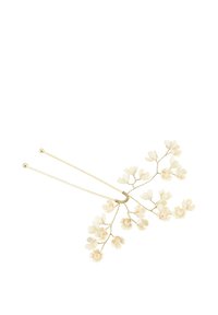 Fermagli in tono oro con delicati accenti di fiori bianchi, caratterizzati da petali e rami minuti, progettati per uno stile ornamentale.