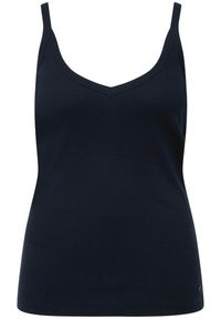 Navy blauwe tanktop met een V-hals ontwerp, gemaakt van ribbelstof. Heeft dunne schouderbandjes en een getailleerd silhouet met een subtiele merklogo aan de zoom.