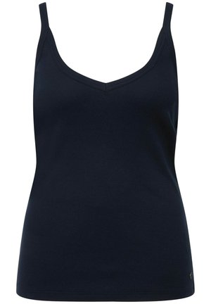 Marineblaue Tanktop mit V-Ausschnitt, aus geripptem Stoff. Verfügt über dünne Träger und eine figurbetonte Silhouette mit einem dezenten Markenlogo am Saum.