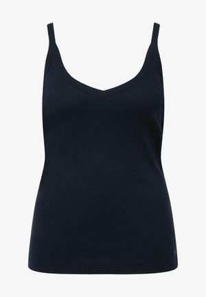 Marineblaue Tanktop mit V-Ausschnitt, aus geripptem Stoff. Verfügt über dünne Träger und eine figurbetonte Silhouette mit einem dezenten Markenlogo am Saum.