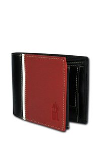 Portefeuille en cuir noir et rouge avec une bande d'accent blanc, design plié en deux, détails de couture remarquables et logo embossé sur le panneau rouge.
