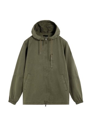 Grüne Kapuzenjacke mit Frontreißverschluss, zwei Seitentaschen, elastischen Bündchen und einer Reißverschlusstasche auf der Brust.