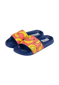 Rubber slide sandals featuring a pink strap with a banana print, dark blue footbed, and white text, designed for casual wear.