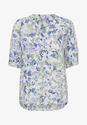 Kwiatowa bluzka z dekoltem w serek, z fioletowymi, niebieskimi i zielonymi wzorami na jasnym tle. Krótkie, zwiewne rękawy i zaokrąglony dół.