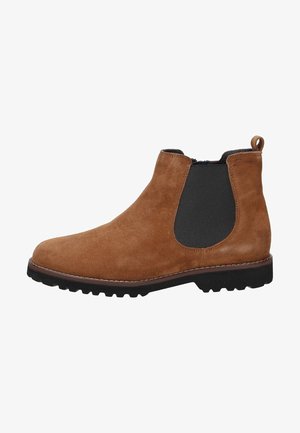 Bottine Chelsea en daim marron avec panneau élastique latéral noir, languette au talon et semelle extérieure en caoutchouc noir à crampons.