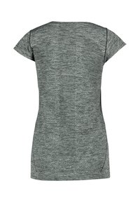 Bakvy av en ljusgrå, kortärmad sporttröja med subtila texturerade mönster och svarta sömdetaljer.