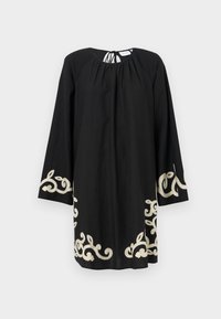 Μαύρη tunic από ελαφρύ ύφασμα, με μακριά μανίκια και στρογγυλή λαιμόκοψη. Σύνθετη κρεμ κεντημένη διακόσμηση στο τελείωμα και τα μανίκια.