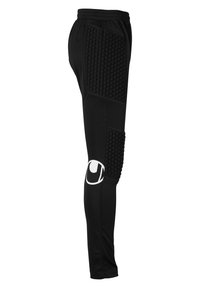 Zwarte sportbroek met gestructureerde padding op de dij, elastische tailleband en wit logo nabij de knie, met een slim fit ontwerp.