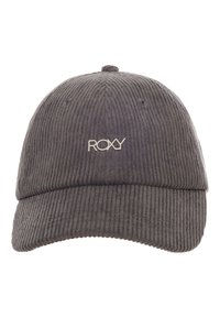 Casquette en corduroy grise avec une visière courbée et un logo ROXY blanc à l'avant. Présente une texture côtelée et cinq trous de ventilation.