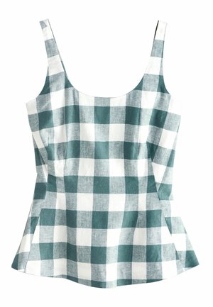 Top fără mâneci pentru femei, cu decolteu pătrat, având un model mare în carouri verde și alb și tiv evazat.