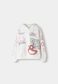 Felpa bianca con cappuccio, decorata con motivi spray in rosa e grigio, inclusi fiori, testo e un orso. Tessuto morbido con una vestibilità comoda.