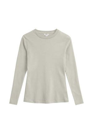 Hellgraues Langarmshirt aus weichem Stoff. Hat einen runden Ausschnitt und eng anliegende Ärmel. Minimalistisches Design ohne Muster oder Akzente.