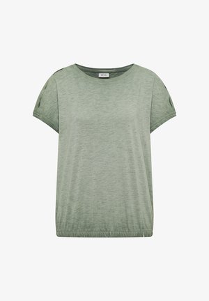 Lichtgroene blouse met korte mouwen, ronde hals, geplooide elastische zoom en kleine uitsnijdingen op de schouders.