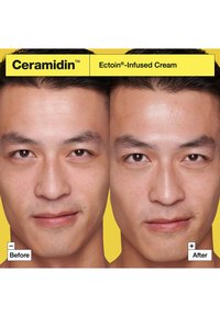 L'emballage de la crème Ceramidin infusée à l'Ectoin présente une comparaison avant-après du visage d'un homme avec une peau lisse et claire sur un fond jaune.