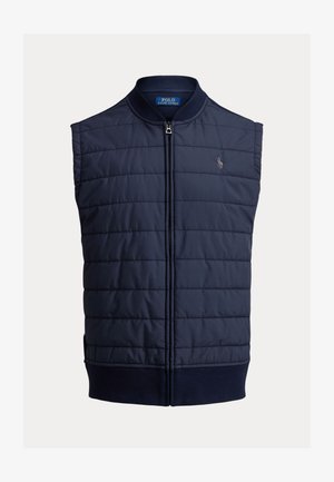 Tamsiai mėlyna paminkštinta liemenė su siuvinėtomis dalimis, aukšta apykakle, priekinėmis užtrauktuku ir mažu siuvinėtu logotipu ant krūtinės.