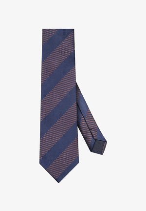 Granatowy krawat w diagonalne paski w kolorach burgundowym i jasnobrązowym. Teksturowany materiał o slimowanym kroju i spiczastym końcu, z jednolitą ciemną końcówką.