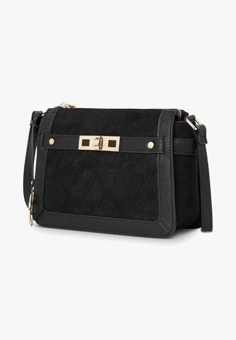 Sac à main noir en cuir texturé et daim, avec des accessoires en or, de forme rectangulaire, fermeture à l'avant et bandoulière réglable.