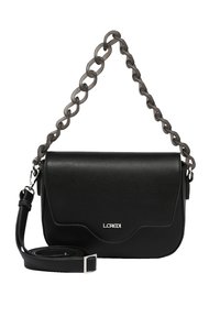 Borsa a tracolla in pelle nera con una catena e una tracolla in pelle removibile. Presenta un design a onde e un dettaglio del logo in argento sul fronte.