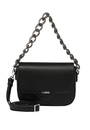 Black leather crossbody bag with a chain strap and a removable leather strap. Features a wave design and silver logo detail on the front.
