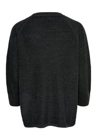 Pull à manches longues en maille gris foncé avec texture côtelée, encolure ronde et coupe décontractée, vu de dos.