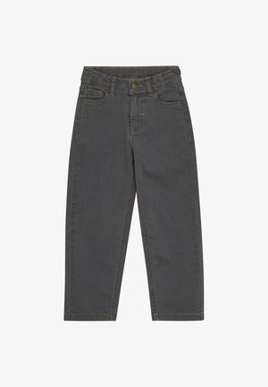 Pantalones de mezclilla gris oscuro con diseño de pierna recta, que cuentan con un cierre de botón, trabillas para el cinturón y costuras naranjas contrastantes.