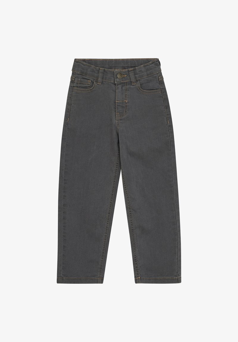 Temno sivi kavbojke s ravnim krojem, z gumbnim zapiranjem, zankami za pas in kontrastnim oranžnim šivom.