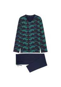 Marineblaue Schlafanzugkombi mit einem V-Ausschnitt und langen Ärmeln, versehen mit einem wellenmusterförmigen Design in Türkis und Gelb, kombiniert mit einfarbigen marineblauen Hosen.