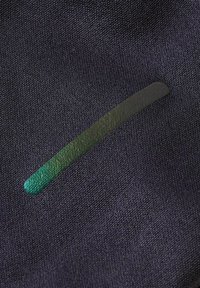 Une forme ovale allongée irisée verte et noire sur un fond en tissu texturé foncé.