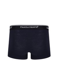 Granatowe bokserki z czarną elastyczną tasiemką na pasie. Wykonane z gładkiego materiału, z dopasowanym krojem i krótką nogawką dla komfortu.