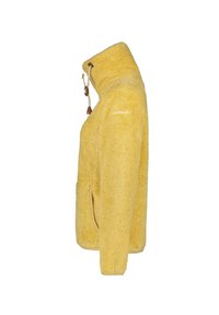 Giacca zip-up gialla e fluffy con colletto alto e cordino, vista di lato.