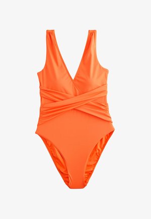Maillot de bain une pièce orange vif avec un profond col en V et un détail de ceinture croisée à la taille.
