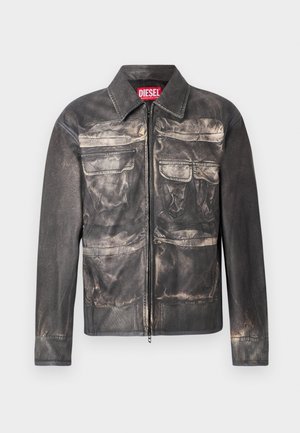 Black leather jacket with a slightly weathered finish, front zip closure, two chest pockets, and two lower pockets, featuring a collared neckline.