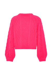 Heller pinkfarbener, gestrickter Crop-Pullover mit strukturierten Zopfmuster- und Knopfmuster-Ärmeln, geripptem Saum und rundem Hals.