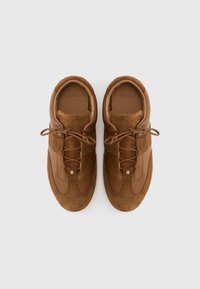 Ζευγάρι από καφέ δερμάτινα και σουέντ αθλητικά παπούτσια με κορδόνια, χρυσές λεπτομέρειες με λογότυπο και επενδεδυμένο γιακά, σε άνωθεν όψη σε λευκό φόντο.