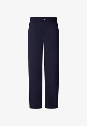 Marineblaue gerade geschnittene Hose mit elastischem Bund und Knopfverschluss, entworfen für den Freizeit- oder Arbeitsgebrauch.