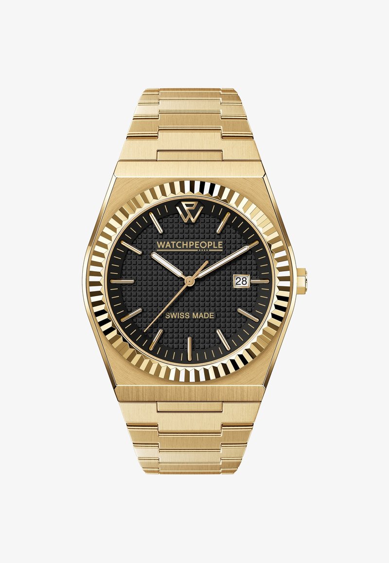 Reloj de acero inoxidable en tono dorado con caja hexagonal, esfera texturizada negra, detalles dorados y un indicador de fecha a las tres en punto.