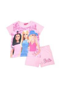 Ensemble pour enfants rose composé d'un T-shirt à manches courtes avec des motifs Barbie et d'un short assorti avec un logo sur la ceinture.