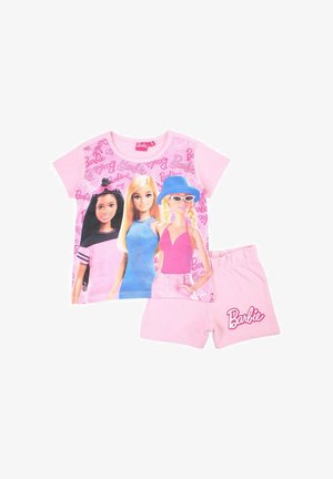 Ensemble pour enfants rose composé d'un T-shirt à manches courtes avec des motifs Barbie et d'un short assorti avec un logo sur la ceinture.