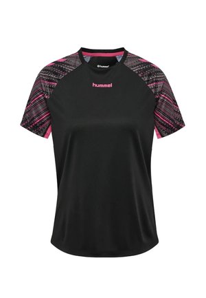 Camiseta deportiva negra con mangas raglán rosas y negras con estampado y logo rosa "hummel" centrado en el pecho.