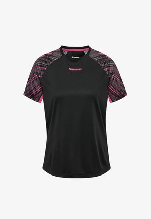 T-shirt de sport noir avec manches raglan à motifs rose et noir et logo « hummel » rose centré sur la poitrine.