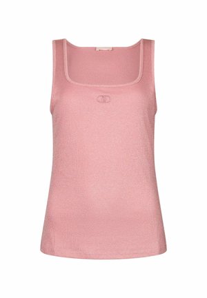 Mouwloos roze gebreid topje met vierkante halslijn en subtiel geborduurd logo in het midden van de borst.