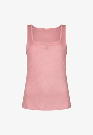 Mouwloos roze gebreid topje met vierkante halslijn en subtiel geborduurd logo in het midden van de borst.