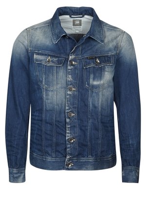 Wyblakła niebieska kurtka dżinsowa z zapięciem na guziki, dwoma klapowymi kieszeniami na piersi oraz widocznymi detalami przeszyć.