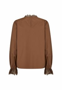 Brown blouse with long sleeves, lace trim at cuffs and neckline, and a button closure at the back. Smooth texture, relaxed fit.