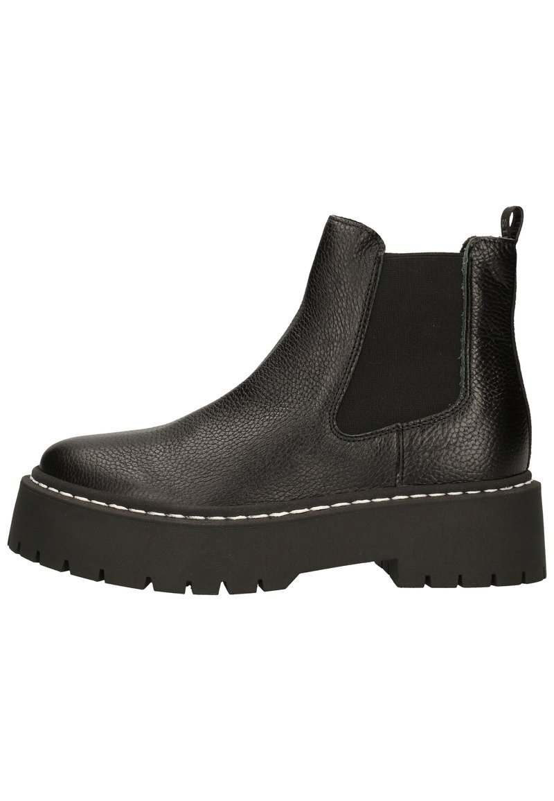 Schwarze Leder-Chelsea-Stiefel mit elastischen Seitenpaneelen, strukturiertem Obermaterial, robuster Gummisohle und kontrastierender weißer Naht.