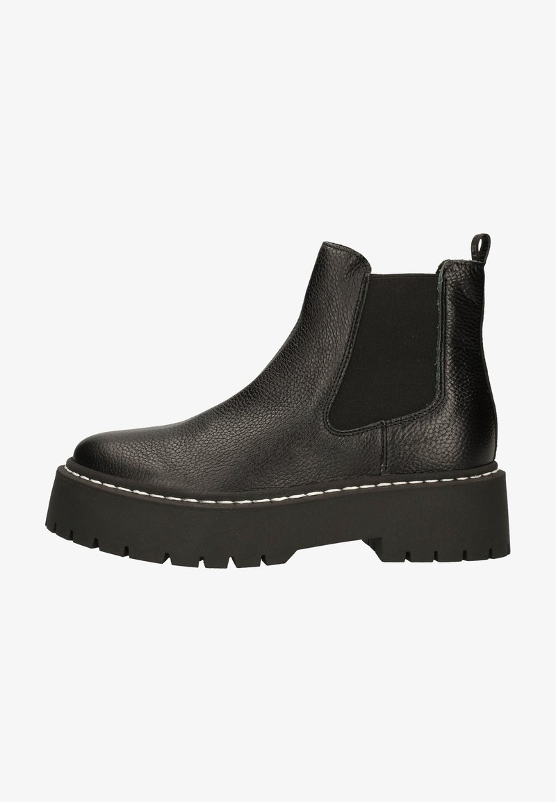 Schwarze Leder-Chelsea-Stiefel mit elastischen Seitenpaneelen, strukturiertem Obermaterial, robuster Gummisohle und kontrastierender weißer Naht.