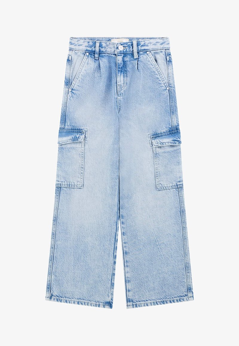 Light blue denim cargo pants with wide leg design, featuring two large side pockets, a button front, and a faded texture.
