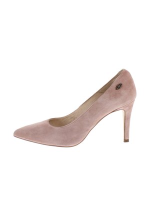 Pink suede pointed-toe high heel shoe with slim heel and small decorative emblem near the ankle, shown from the side.