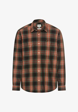 Langärmliges kariertes Hemd in Rot, Schwarz und Grün, mit einem Button-Down-Kragen und zwei Brusttaschen. Weicher Baumwollstoff mit klassischer Passform.
