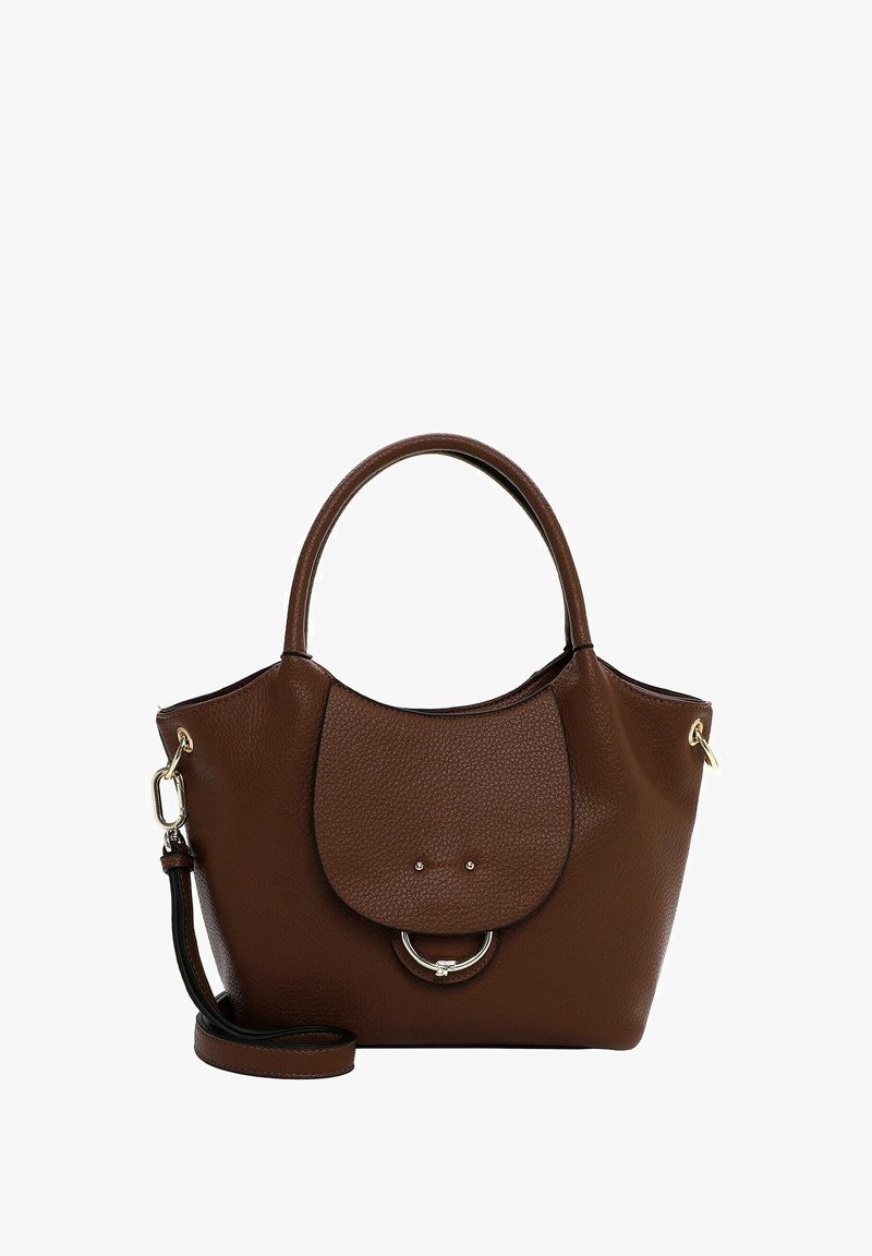 Brązowa torebka skórzana o teksturowanej powierzchni z zaokrągloną klapą, srebrnym detalem w postaci pierścienia, górnymi uchwytami oraz odpinanym paskiem na ramię z złotymi elementami.